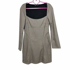 Zara Houndstooth Square Neck Long Sleeve Mini Dress Size XL